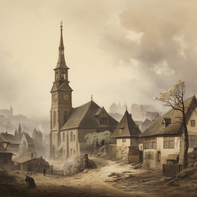 19th-century old town church with clock tower in foggy background