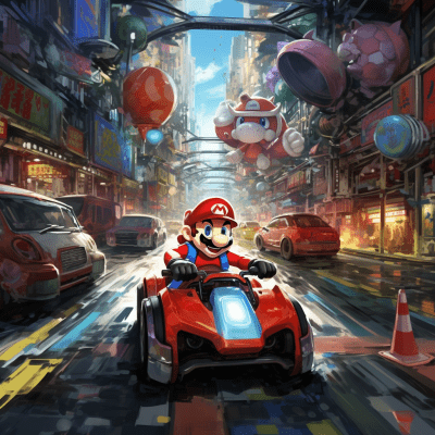 Super Mario Kart characters race in an anime-style Tokyo cityscape