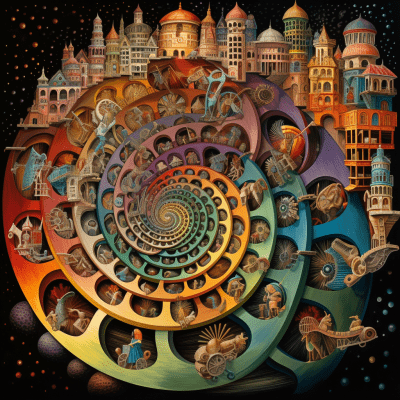 Vibrant Fibonacci-inspired wheels in a psychedelic Escher-style artwork