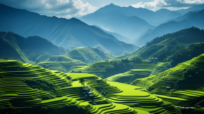 Stunning Green Rice Terraces in Asia with Lush Surroundings