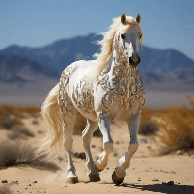 Majestic white horse with flowing mane standing in a field