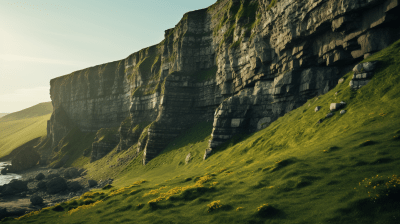 Golden hour view of lush green elysian cliffs with a heavenly vibe