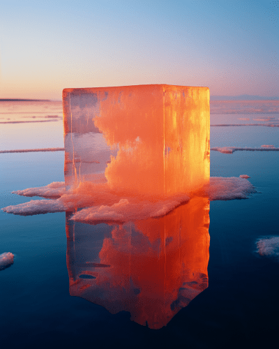 Fluorescent Golden and Orange Prism Ice Cube in a Dramatic Landscape