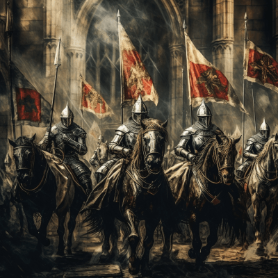Gothic banner with medieval knights and intricate details in 4K