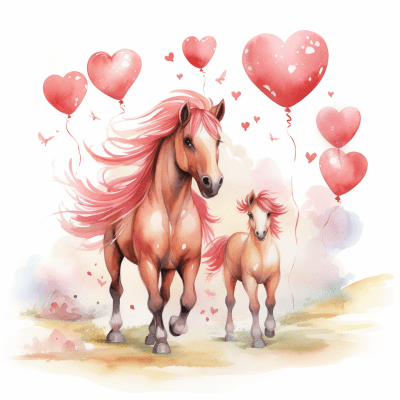 Watercolor illustration of mare and foal with hearts