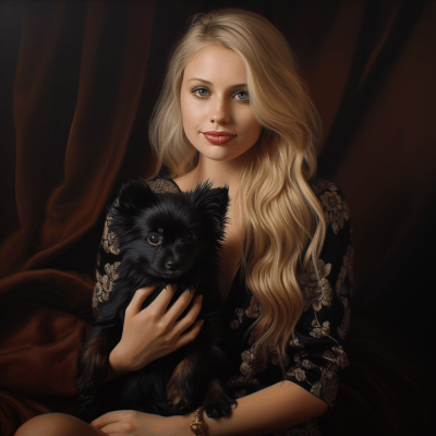 Blonde woman holding a black Pomeranian dog with vibrant backdrop