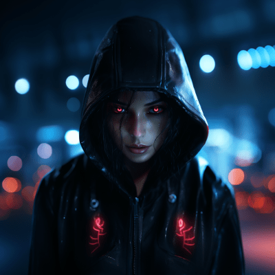 Cyberpunk woman in futuristic hoodie with heavy makeup