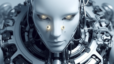 Futuristic robotic assembler building a humanoid robot with blue lighting