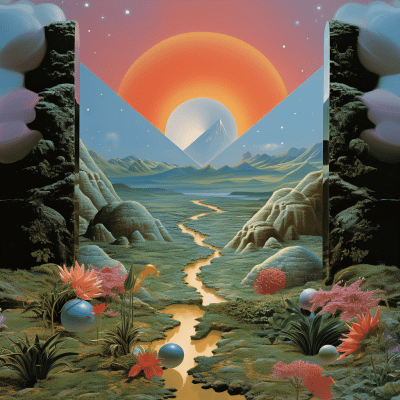 Retro-surrealistic 1980s inspired album art with vibrant colors