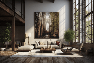 Photorealistic modern loft interior with vibrant square wall photograph
