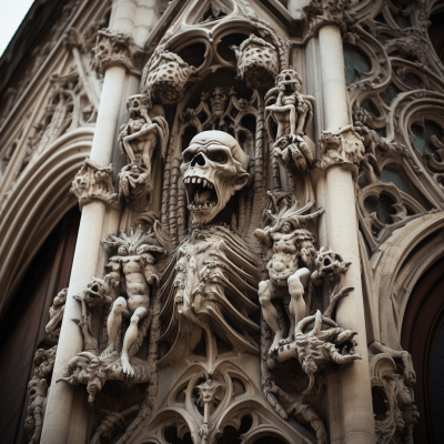 Ornate gothic building facades with carvings and gargoyles