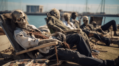 Post-apocalyptic beach with zombies sunbathing and abandoned boats