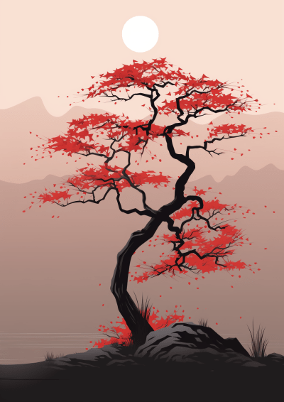 Red Japanese Maple Tree in Minimalist Japandi Style Vector Art
