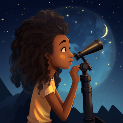 Young dark-skinned girl looking through a telescope with wonder