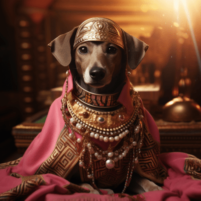 Puppy dressed as Barbie Princess of the Nile in a whimsical photo