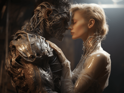 Ultra realistic movie still of a Morlock man kissing an Eloi woman