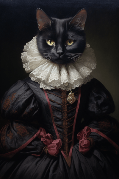Renaissance style portrait of a black cat against a white background