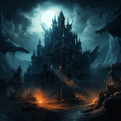Grimdark mystic castle with high towers and deep colors in digital art