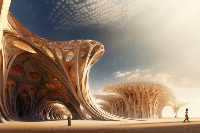 Surreal Parametric Timber Structure on Mars Beach with Waterfalls