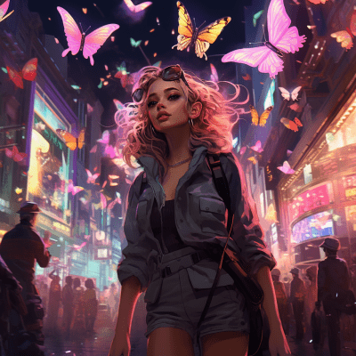 Vibrant cyberpunk shopping parade with colorful butterflies