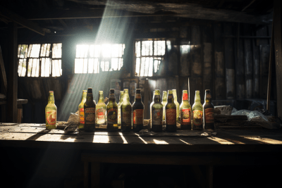 Vintage beer bottles on a dusty floor in an abandoned saloon with sunlight