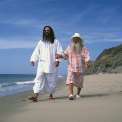 Jesus and Uncle Sam walking together on a beach in patriotic colors