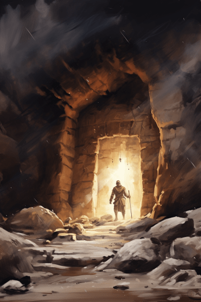 Mysterious watercolor painting of Jesus’s Rock Tomb with soldiers