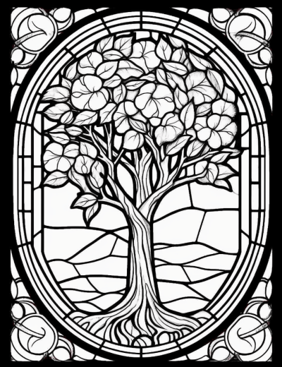 Grayscale coloring page featuring a stained glass window with tree design