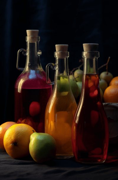 Colorful glass bottles with fruit juices and fresh fruits around