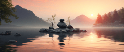 Serene morning scene with a photorealistic sense of Zen and peace