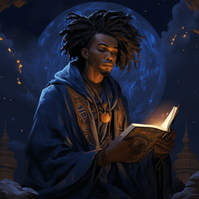 Wise young black philosopher in Egyptian robe writing artistically