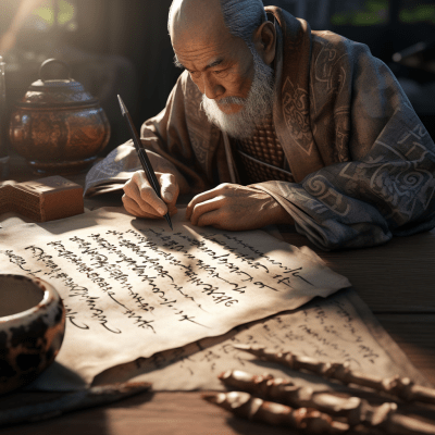 Photorealistic samurai in ancient Japan practicing calligraphy