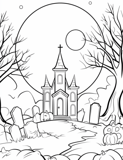 Black and white vector art of haunted graveyard at night with full moon