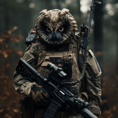 Owl dressed as SAS trooper in powerful pose with artistic style