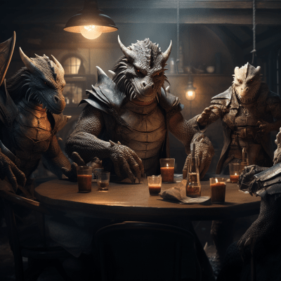 Dragons gathering at a bar enjoying whiskey with cinematic lighting
