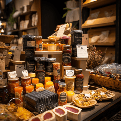 Gourmet market stall with diverse products and creative packaging