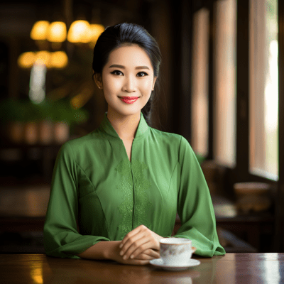 Vietnamese Ao Dai attired person sipping matcha in royal restaurant