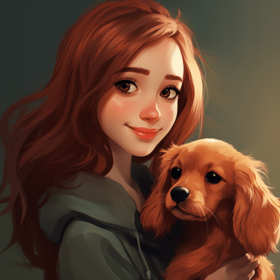 Red-haired girl holding a red spaniel puppy in Pixar style