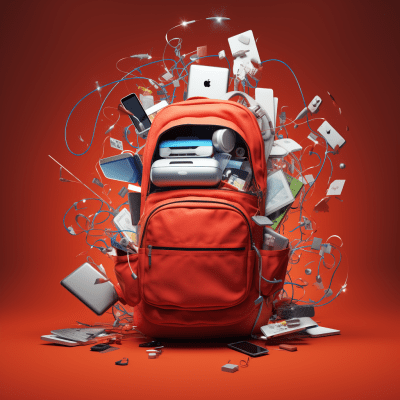 Red backpack with technology items spilling out in a hyper-realistic style