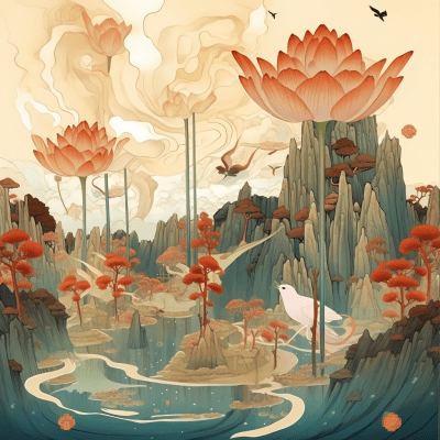 Anime Art Nouveau style landscape with tree, lotus and flying birds