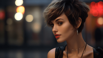 Beautiful woman with short hair walking on a street candidly