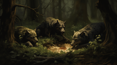Faerie dogs mourning as they bury their companion in a forest