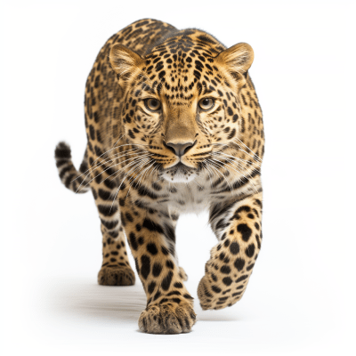 Photorealistic Amur leopard on white background, endangered species