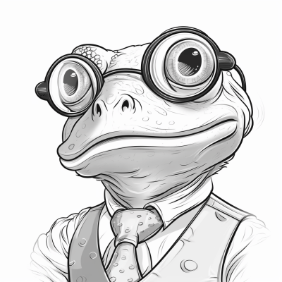 Black and white line art of Kermit the Frog with glasses