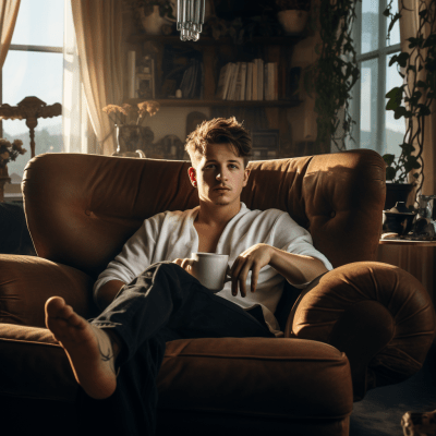 Charlie Puth relaxing on sofa with coffee in a colorful setting