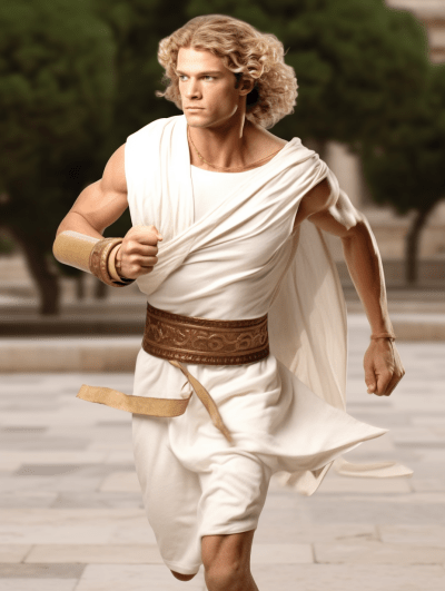 Young male Greek hemerodromos running with a scroll in traditional attire