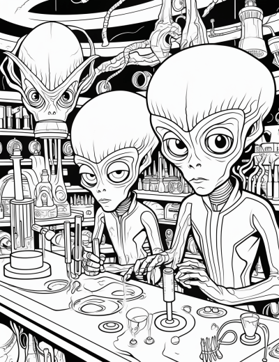 Retro alien scientists in neon-lit lab cartoon for coloring