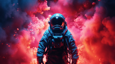 Astronaut emerging from rocket exhaust with vibrant neon lights