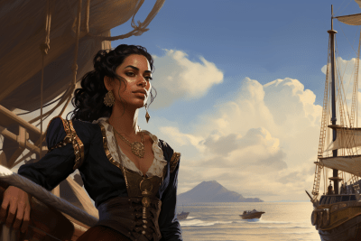 Artsy portrait of woman with braid in pirate theme on ship