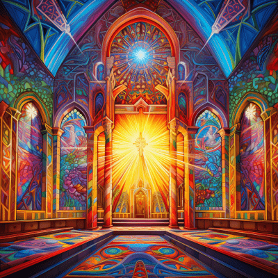 Vibrant Alex Grey inspired church with Latin cross and altar